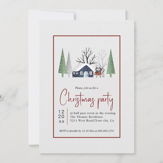 Winter racoon trees and snowfall Christmas party Invitation (Front)