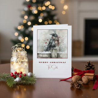 Winter Raven Crow Christmas Card with Cozy Scarf