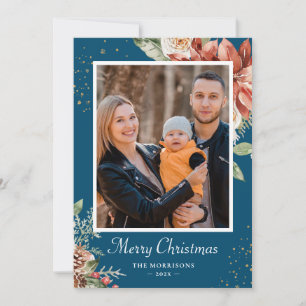 Winter Red and Blue Floral Christmas Family Photo Holiday Card