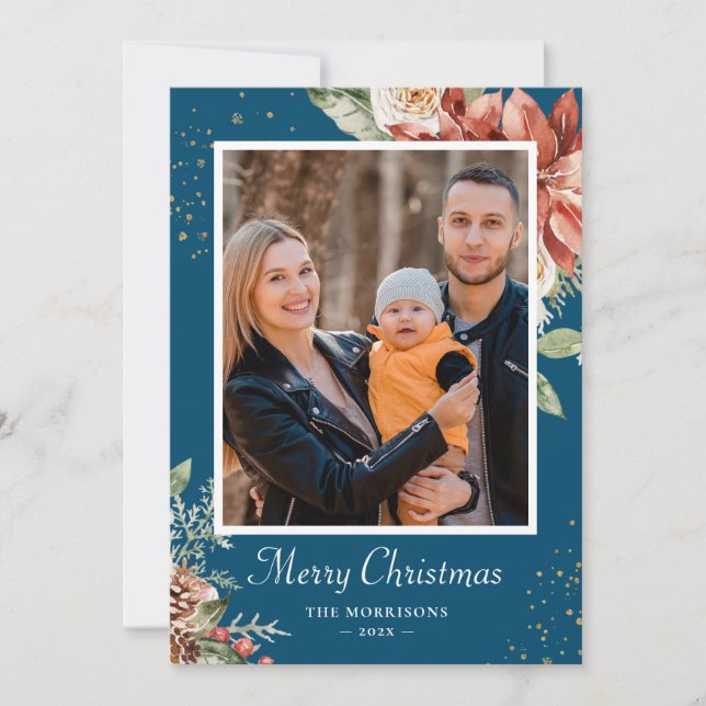 Winter Red and Blue Floral Christmas Family Photo Holiday Card (Front)