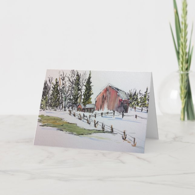 Winter Red Barn Watercolor Landscape Thank You Card (Front)