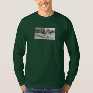 Winter Red Barn watercolor long sleeved t shirt