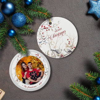Winter Red Berries Birds with Photo Christmas Ceramic Ornament