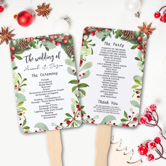 Winter Red Berries Christmas Wedding Program Hand Fan (Creator Uploaded)