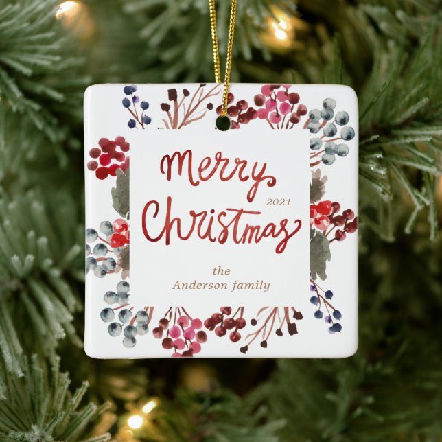 Winter Red Berries Merry Christmas Photo Ceramic Ornament (Tree)