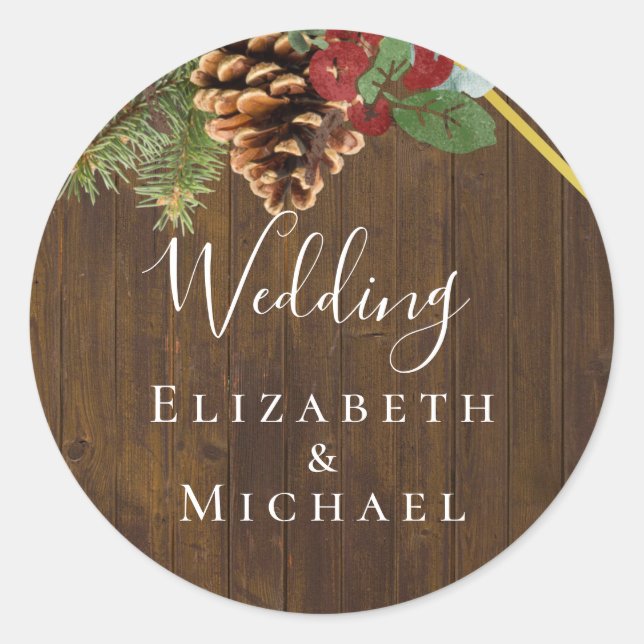 Winter Red Berries Pine Cones Wedding Classic Round Sticker (Front)
