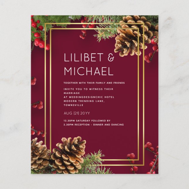 Winter Red Berries Pine Cones Wedding Flyer (Front)
