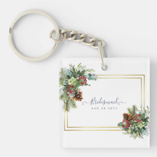 Winter Red Berries Pine Cones Wedding Key Ring