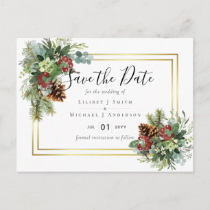 Winter Red Berries Pine Cones Wedding Postcard