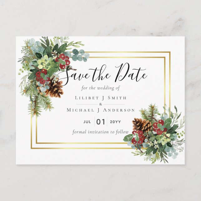 Winter Red Berries Pine Cones Wedding Postcard (Front)