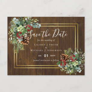 Winter Red Berries Pine Cones Wedding Postcard