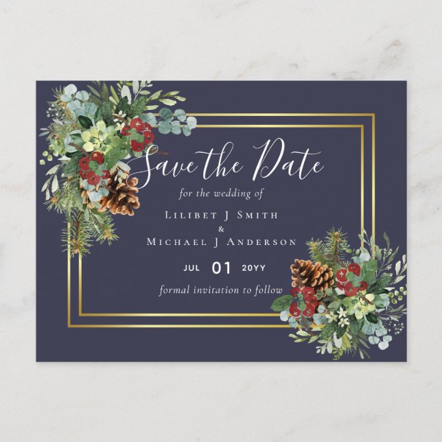 Winter Red Berries Pine Cones Wedding Postcard (Front)