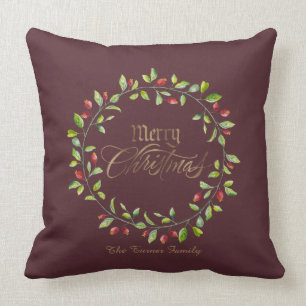 Winter Red Berries Wreath Gold Merry Christmas Cushion