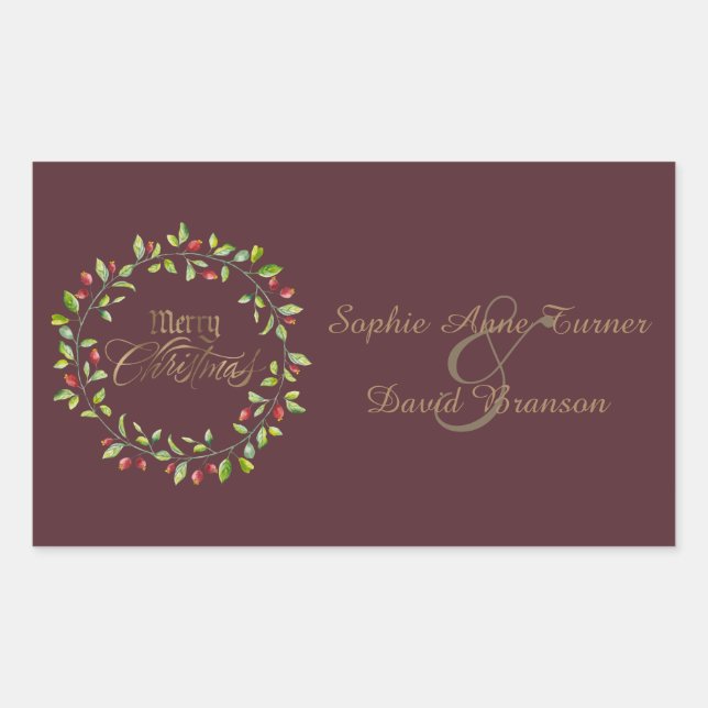 Winter Red Berries Wreath Gold Merry Christmas Rectangular Sticker (Front)