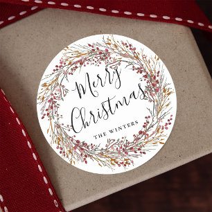 Winter Red Berry Wreath Merry Christmas  Classic Round Sticker