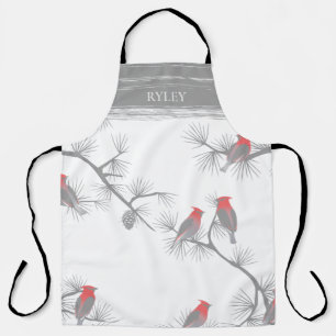Winter Red Birds on Grey Branches Pattern Monogram Apron