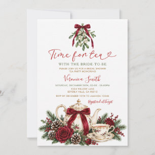 Winter Red Bow Christmas Tea Party Bridal Shower Invitation