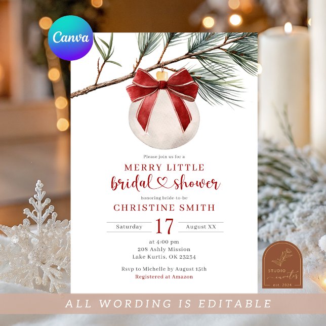 Winter Red Bow Ornament Merry Little Bridal Shower Invitation (Creator Uploaded)