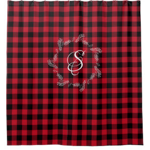 Winter Red Buffalo Check Plaid Wreath Monogram Sho Shower Curtain
