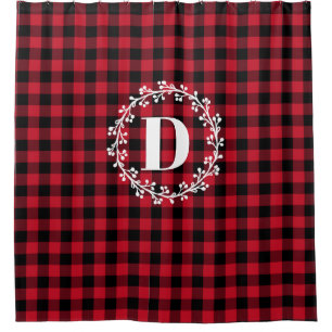 Winter Red Buffalo Check Plaid Wreath Monogram Shower Curtain