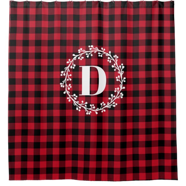 Winter Red Buffalo Check Plaid Wreath Monogram Shower Curtain (Front)