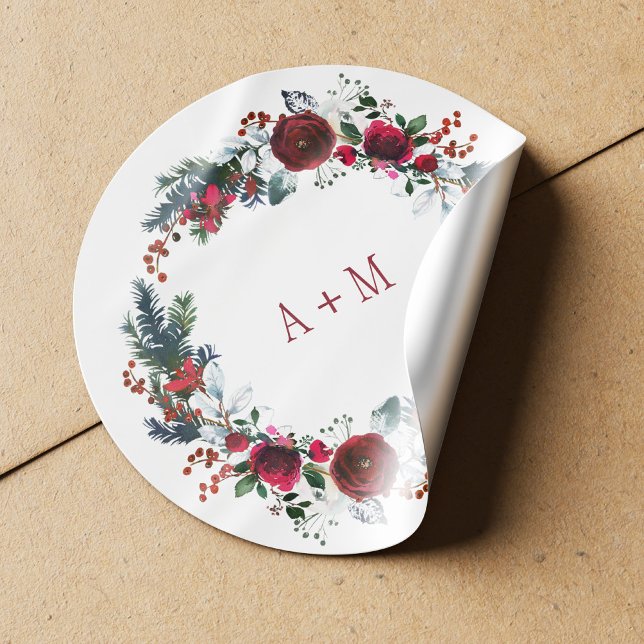 Winter red burgundy peonies wedding monogram classic round sticker (Creator Uploaded)