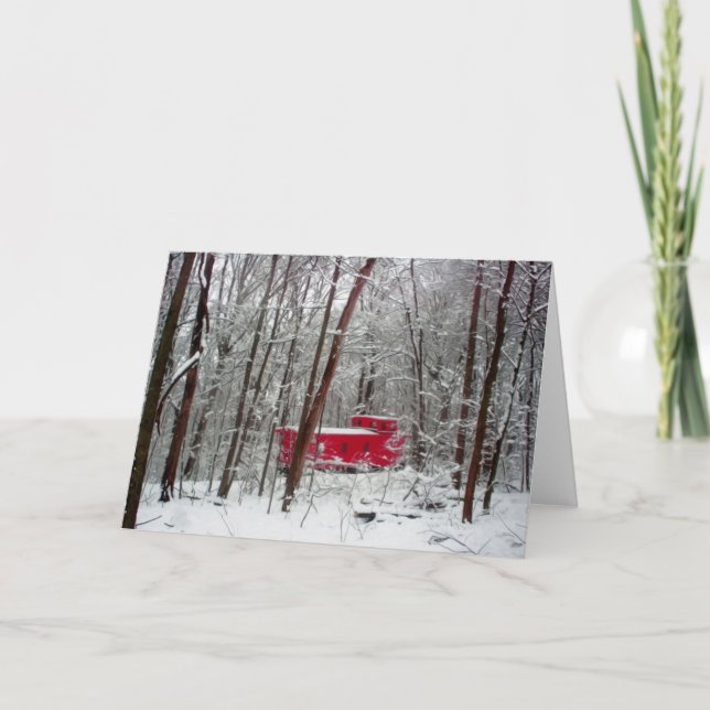 Winter red caboose, Christmas cards, trains Holiday Card (Front)