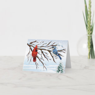 Winter Red Cardinal and Blue Jay Note Card