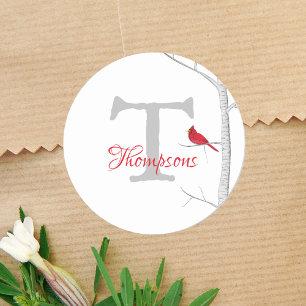 Winter Red Cardinal Elegant Monogram Red Cardinal Classic Round Sticker