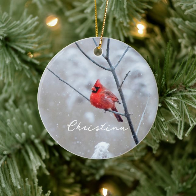 Winter Red Cardinal in Snow Ceramic Ornament (Tree)