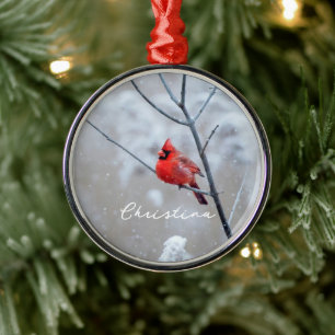 Winter Red Cardinal in Snow Metal Ornament