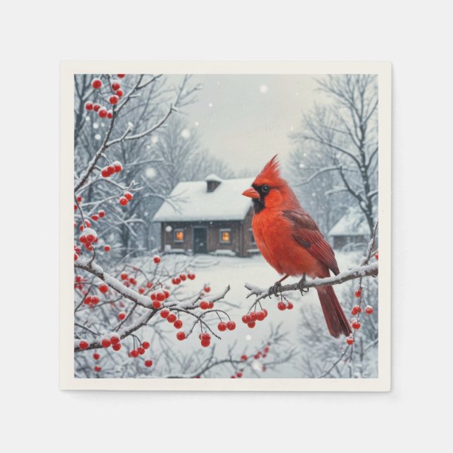 Winter Red Cardinal On Berry Branch Napkin (Front)
