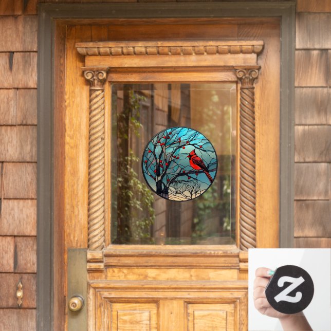 Winter Red Cardinal Perched Faux Stain Glass (Home Door)