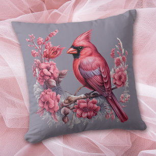 Winter Red Cardinal Pink Flowers on Grey Cushion