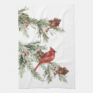 Winter Red Cardinal Spruce Tree Cones & Berries Tea Towel