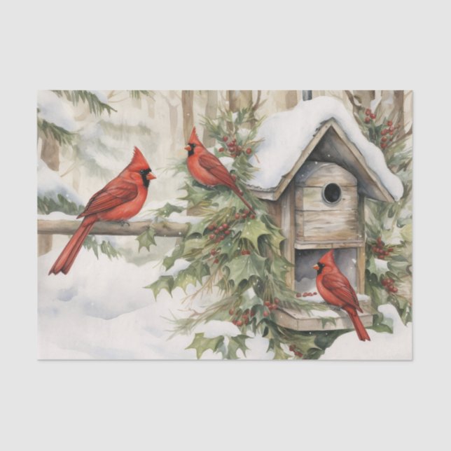 Winter Red Cardinals Birdhouse Ivy and Berries     Tissue Paper (Front)