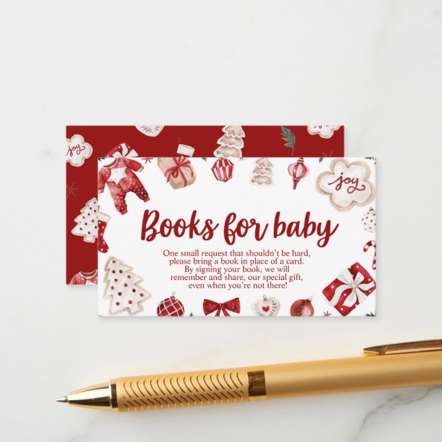 Winter Red Christmas Baby Shower Books for Baby Enclosure Card (Front/Back In Situ)