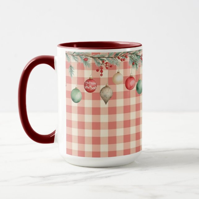 Winter Red Christmas gingham with ornaments Mug (Left)