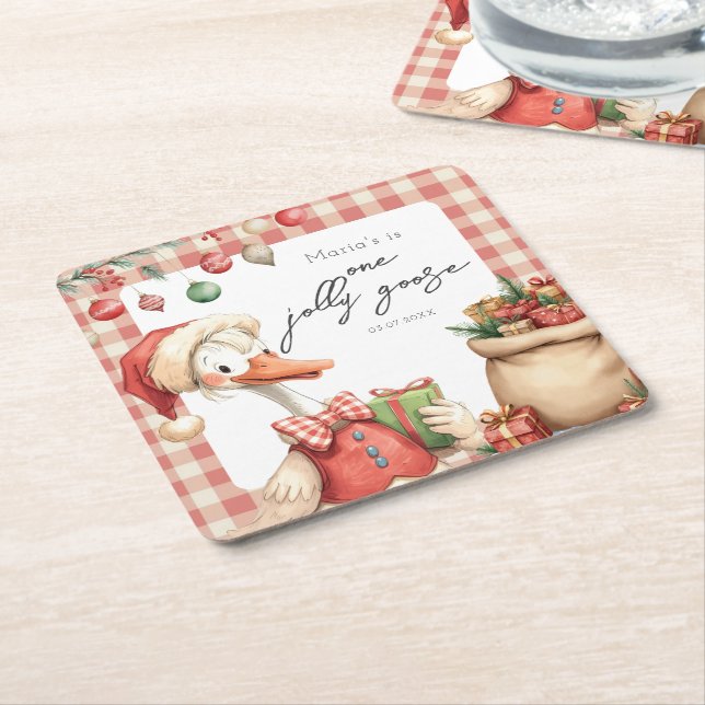 Winter Red Christmas Silly Goose  1st birthday Square Paper Coaster (Angled)