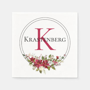 Winter Red Floral Custom Monogram Name Napkin