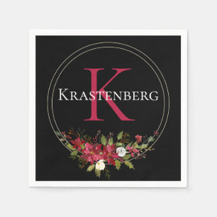 Winter Red Floral Custom Monogram Name Napkin
