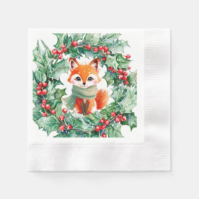 Winter Red Fox Green and Berries Baby Shower Napkin (Front)