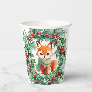 Winter Red Fox Green and Berries Baby Shower Paper Cups