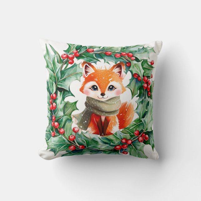 Winter Red Fox Green Berries Baby Shower Gift Cushion (Front)