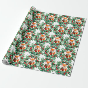 Winter Red Fox Green Berries Baby Shower Wrapping Paper