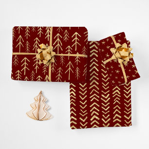 Winter Red Gold Foil Xmas Patterns Wrapping Paper Sheet