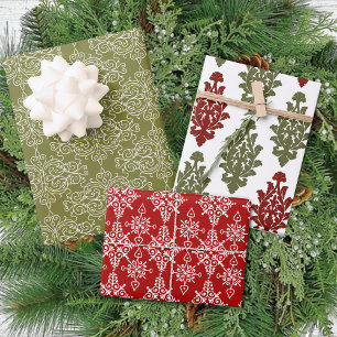 Winter Red Green Damask Traditional Christmas Wrapping Paper Sheet
