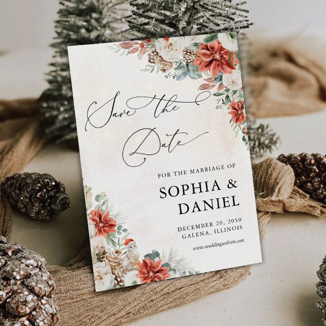 Winter Red Greenery Pinecone Save The Date Card (Creator Uploaded)