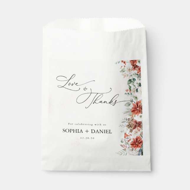 Winter Red Greenery Pinecone Wedding Favour Bags (Front)