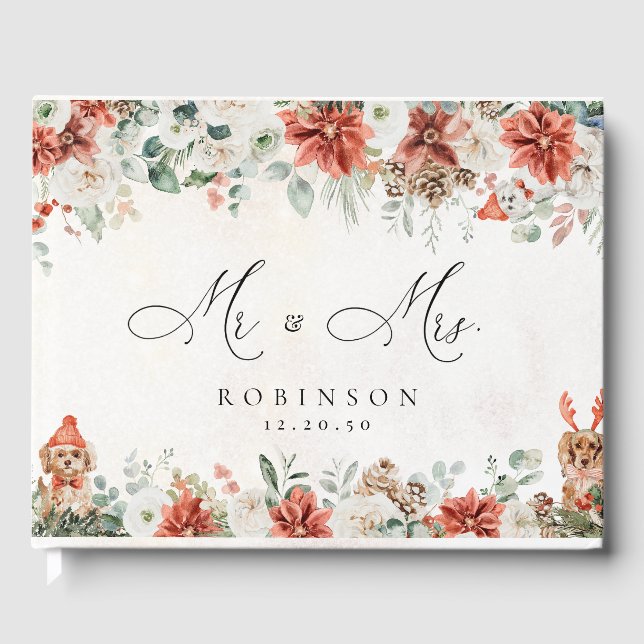 Winter Red Greenery Pinecone Wedding Guest Book (Front)